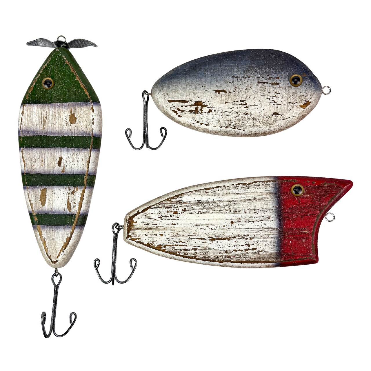 Fishing Lure Wall Hook Rack Set 3 Rustic Nautical Wood Metal Fish Decor